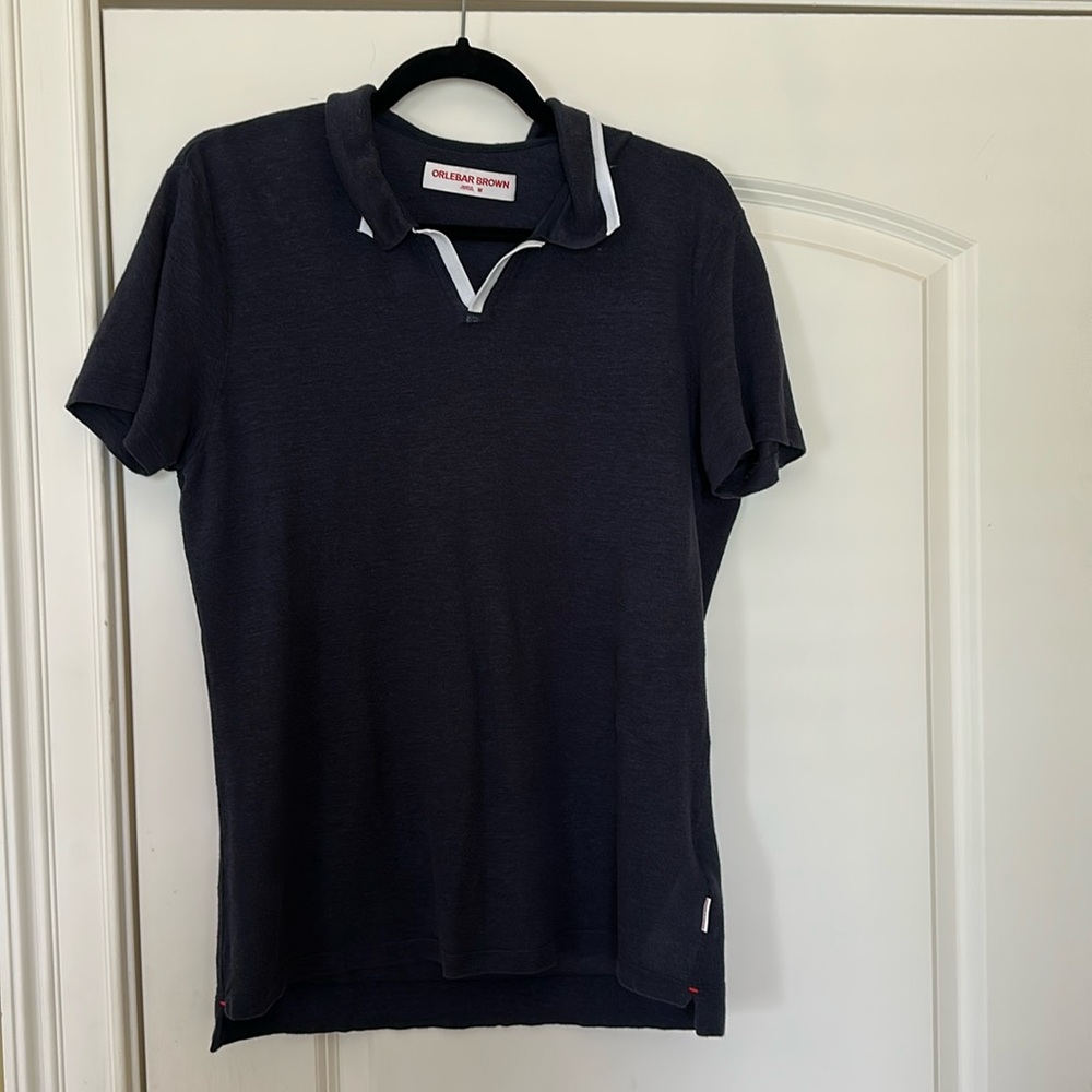 Orlebar Navy Linen Polo Shirt